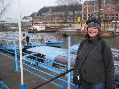 Liz about to take canal cruise in blue boat