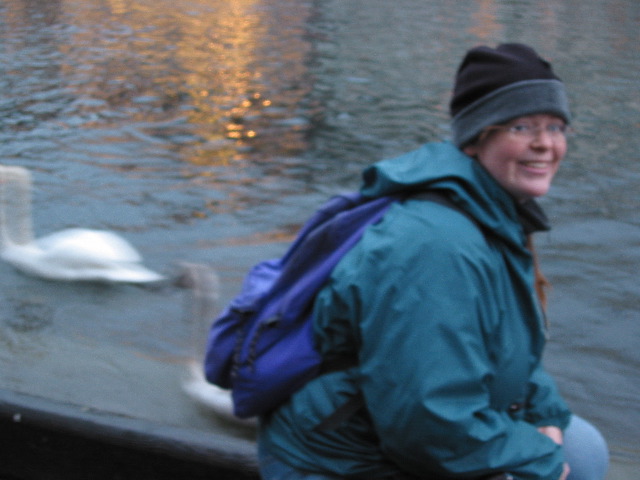 Liz with swans at the Reuss
